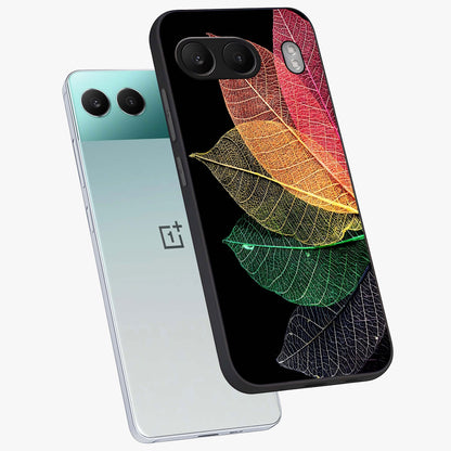 Rainbow Leaf Glow Glass Case for 1+Nord 4 angled mockup showcasing glossy finish and radiant gradient tones