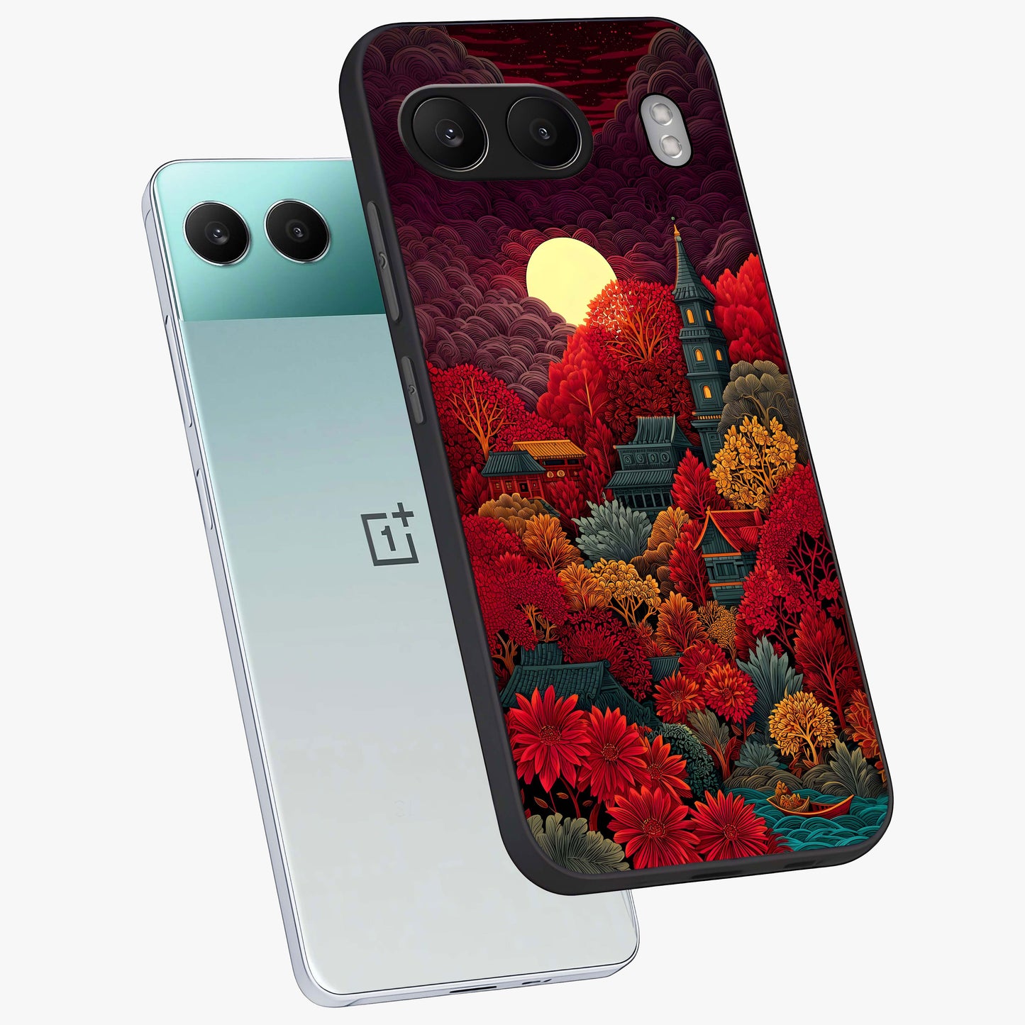 Red Scenery Hot Glass Case for 1+Nord 4 angled mockup showcasing glossy finish and intense sunset tones