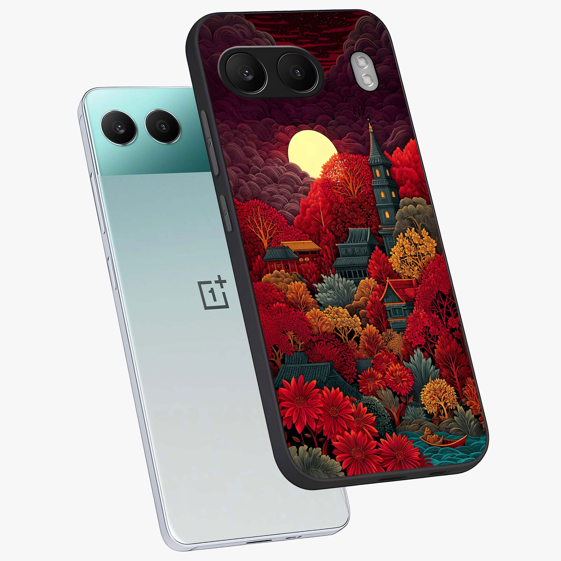 Red Scenery Hot Glass Case for 1+Nord 4 angled mockup showcasing glossy finish and intense sunset tones
