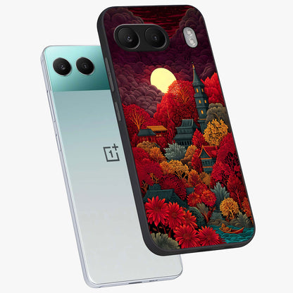 Red Scenery Hot Glass Case for 1+Nord 4 angled mockup showcasing glossy finish and intense sunset tones