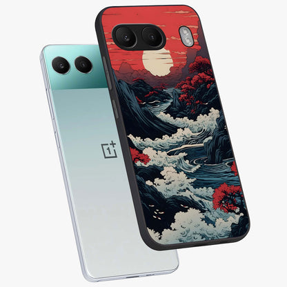 Red Sunset Scenery Glass Case for 1+Nord 4 angled mockup showcasing glossy finish and rich crimson tones