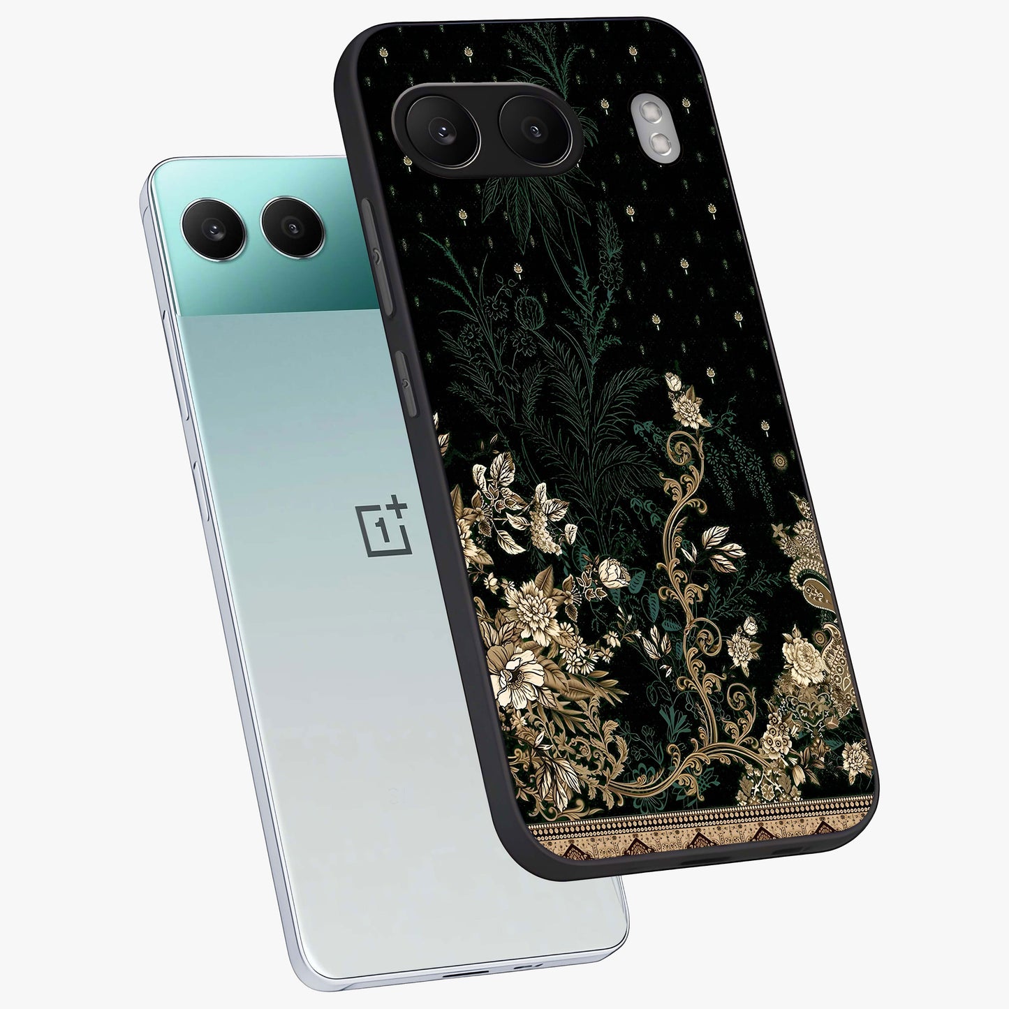 Regal Botanical Tapestry Glass Case for 1+Nord 4 angled mockup showcasing glossy finish and rich heritage tones