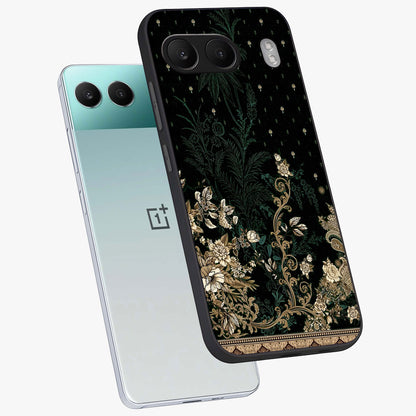 Regal Botanical Tapestry Glass Case for 1+Nord 4 angled mockup showcasing glossy finish and rich heritage tones