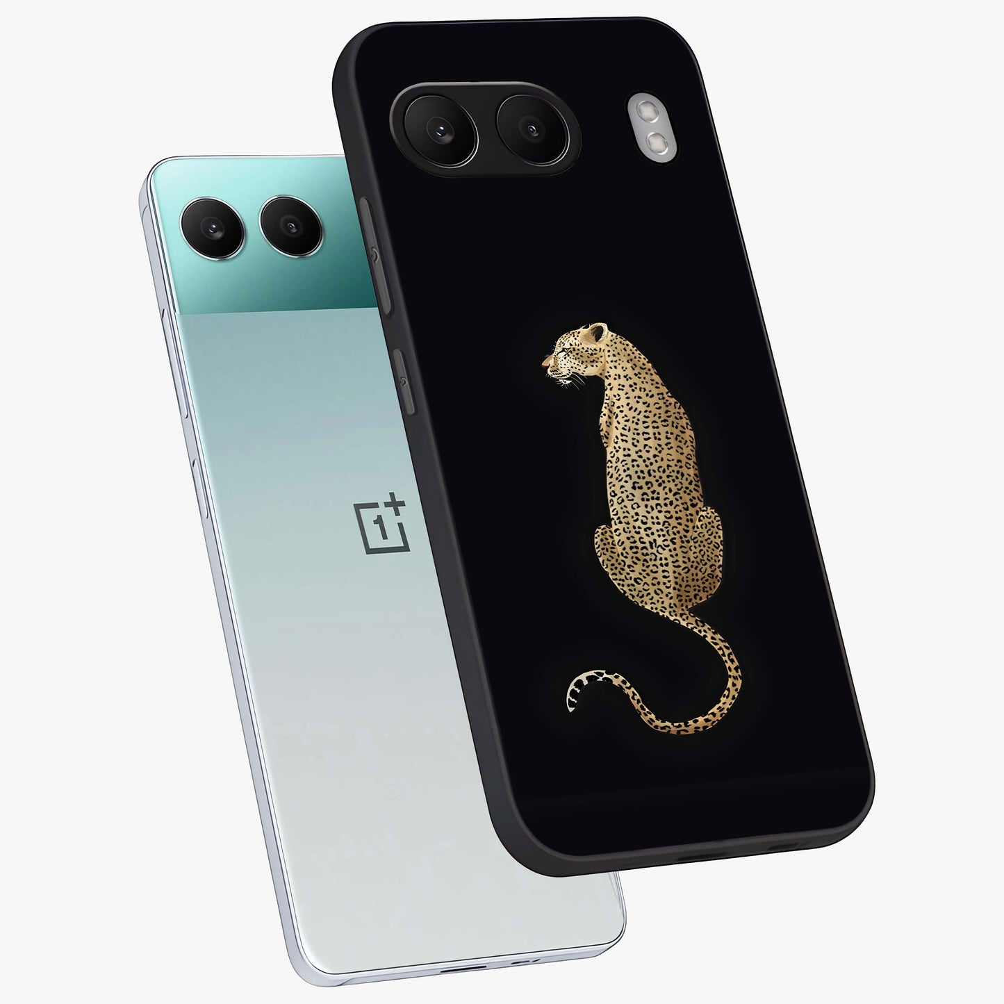 Regal Leopard Glass Case for 1+Nord 4 angled mockup showcasing glossy glass finish and detailed animal textures