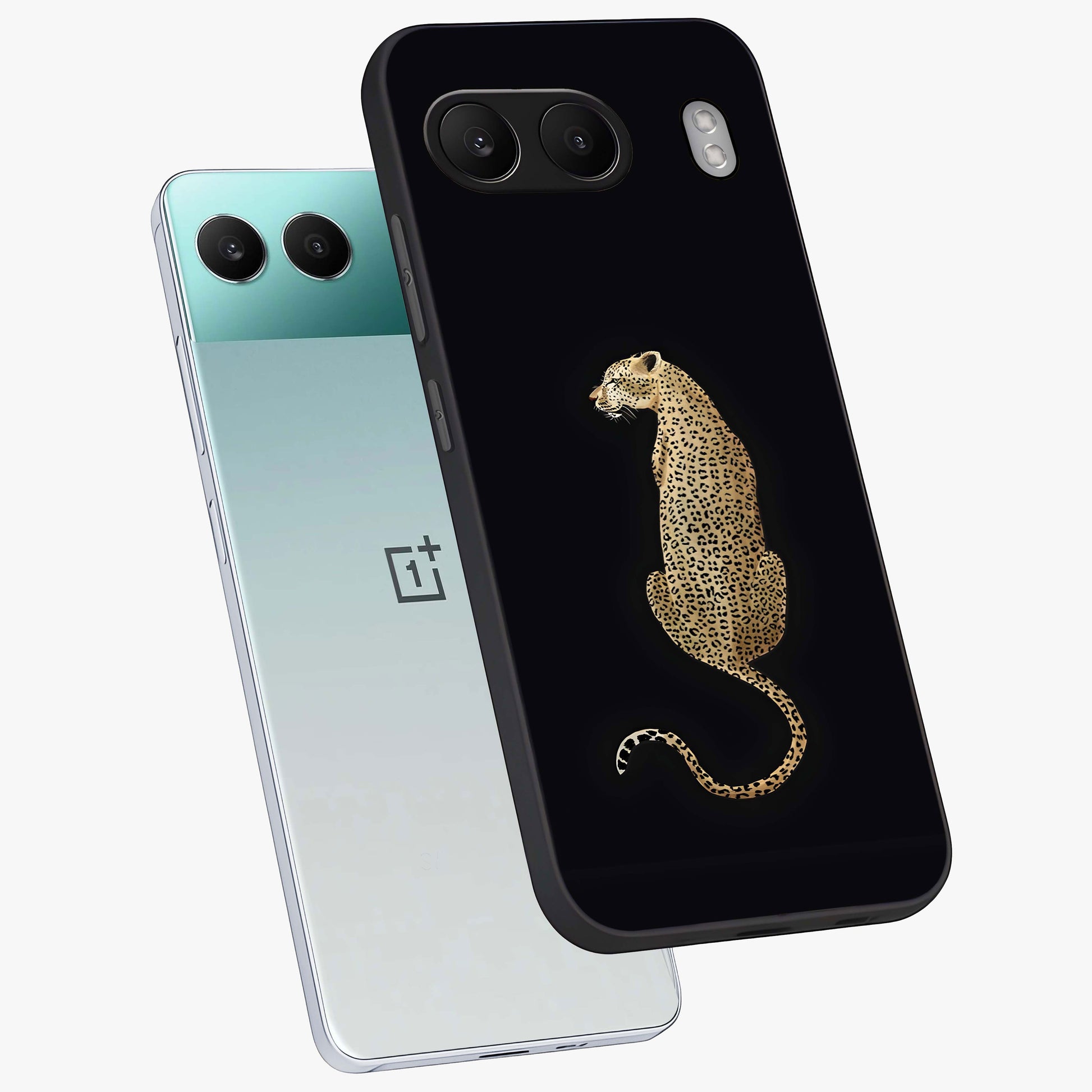 Regal Leopard Glass Case for 1+Nord 4 angled mockup showcasing glossy glass finish and detailed animal textures