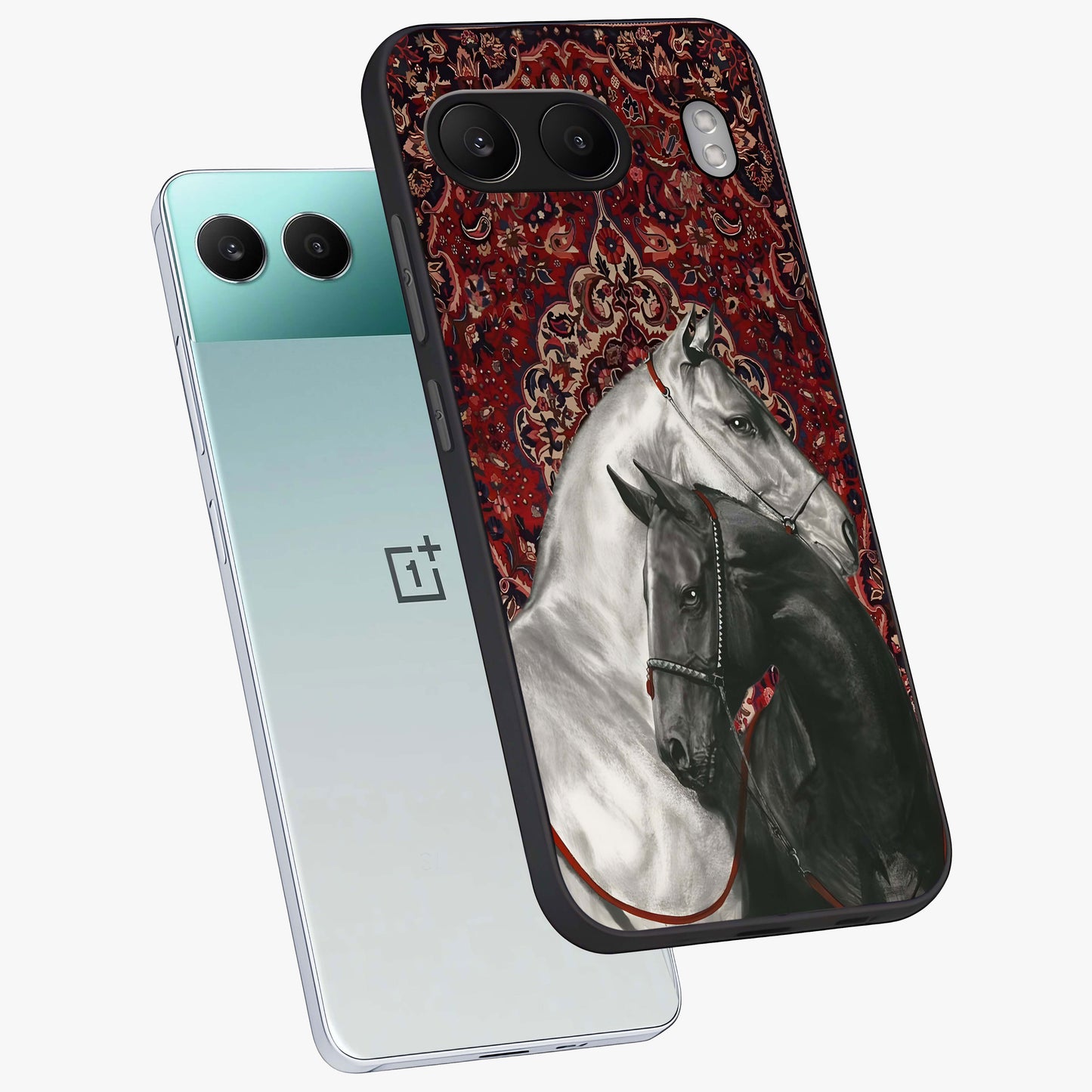Regal Stallion Tapestry Glass Case for 1+Nord 4 angled mockup showcasing glossy finish and rich ornamental tones
