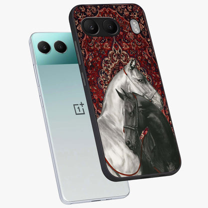 Regal Stallion Tapestry Glass Case for 1+Nord 4 angled mockup showcasing glossy finish and rich ornamental tones