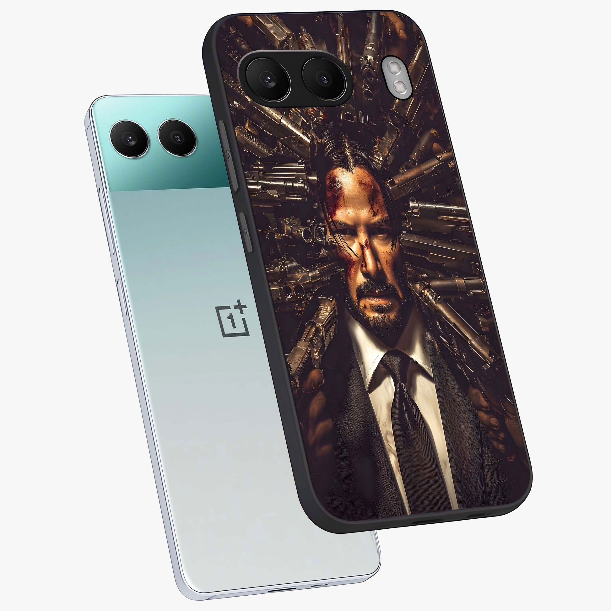 Relentless Shadow Assassin Glass Case for 1+Nord 4 angled mockup showcasing glossy finish and dramatic shadow detailing