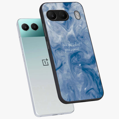Repeat Your Destiny Glass Case for 1+Nord 4 angled mockup showcasing glossy finish and clean modern detailing