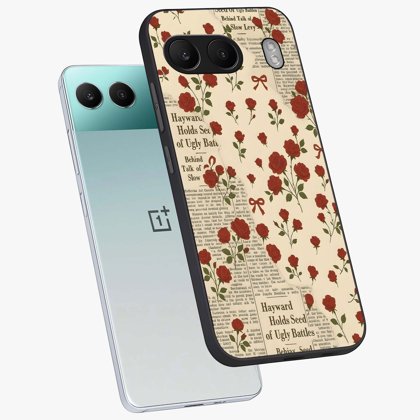 Retro Rose Journal Glass Case for 1+Nord 4 angled mockup showcasing glossy finish and soft romantic tones