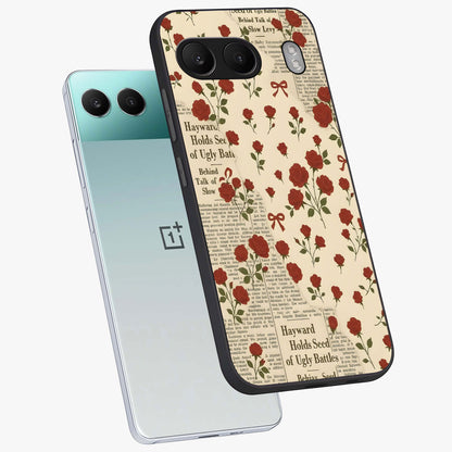 Retro Rose Journal Glass Case for 1+Nord 4 angled mockup showcasing glossy finish and soft romantic tones