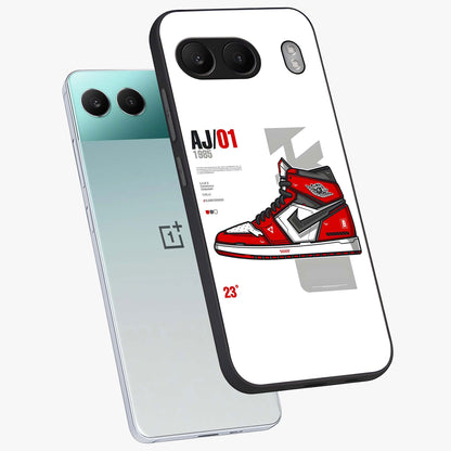 Retro Sneaker Blueprint Glass Case for 1+Nord 4 angled mockup showcasing glossy finish and sporty retro detailing
