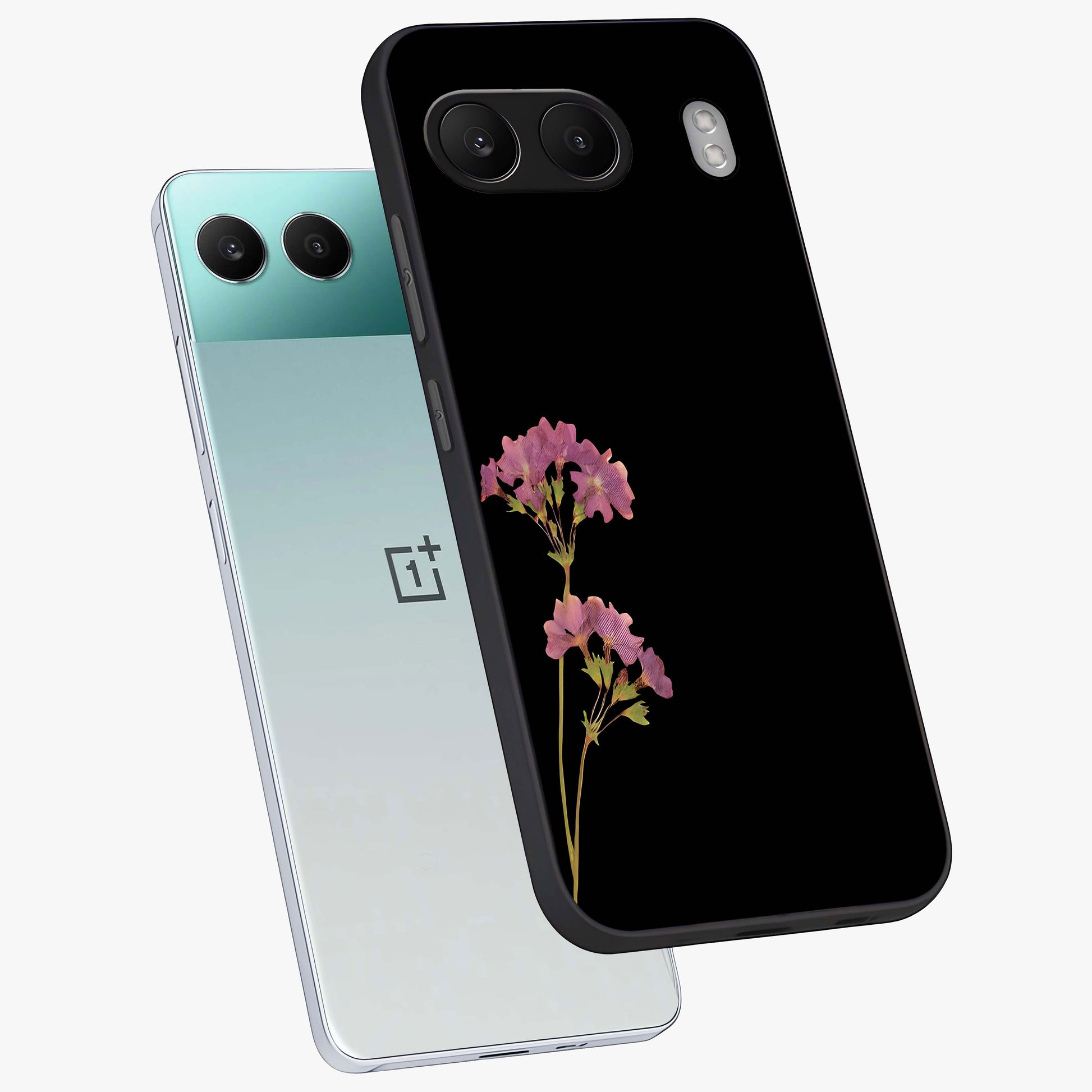Riching Lavender Flower Glass Case for 1+Nord 4 angled mockup showcasing glossy finish and pastel purple tones