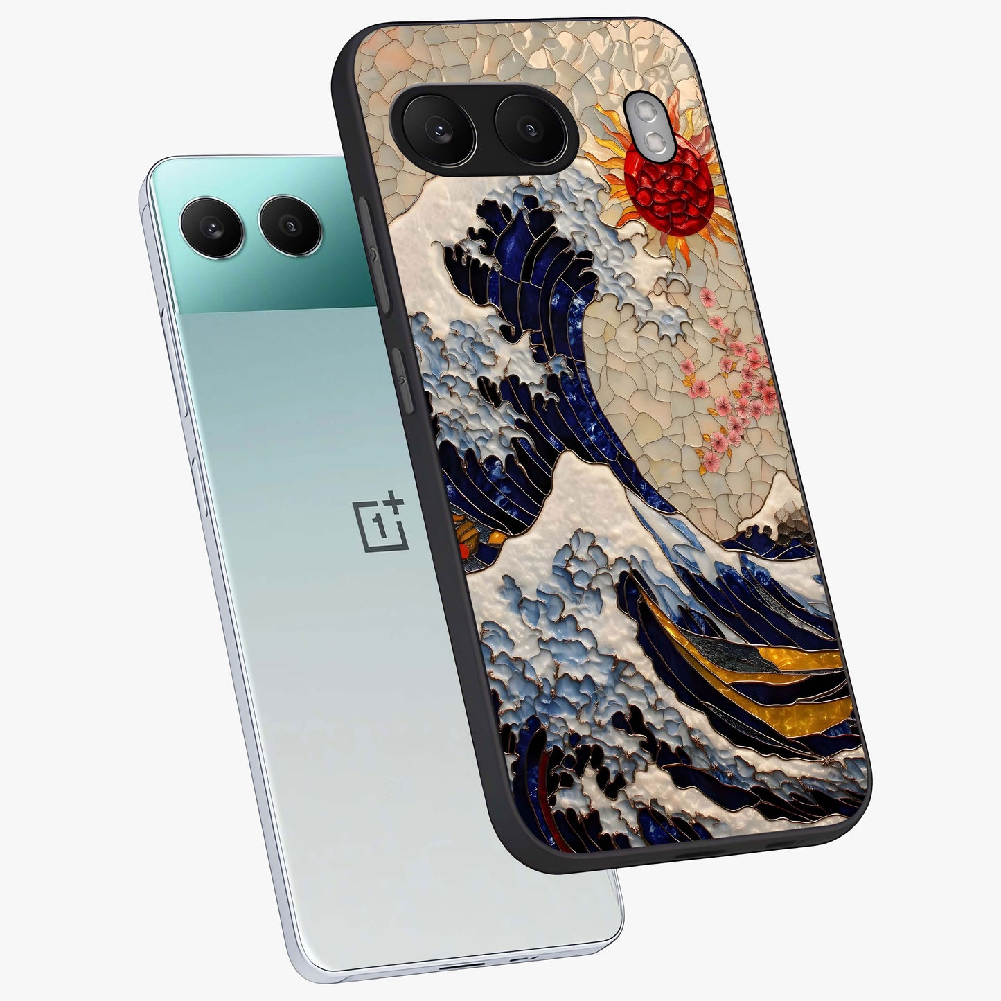Rising Wave Glory Glass Case for 1+Nord 4 angled mockup showcasing glossy finish and bold ocean tones