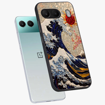 Rising Wave Glory Glass Case for 1+Nord 4 angled mockup showcasing glossy finish and bold ocean tones