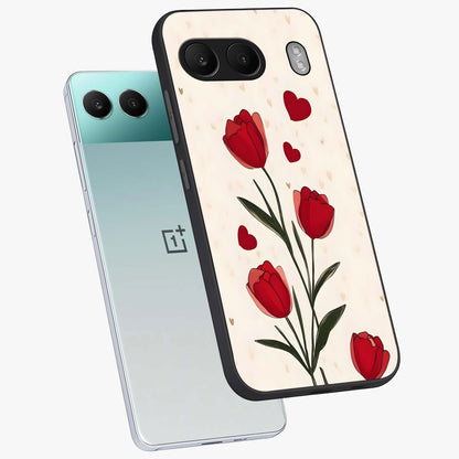 Romantic Tulip Hearts Glass Case for 1+Nord 4 angled mockup showcasing glossy glass finish and soft romantic tones