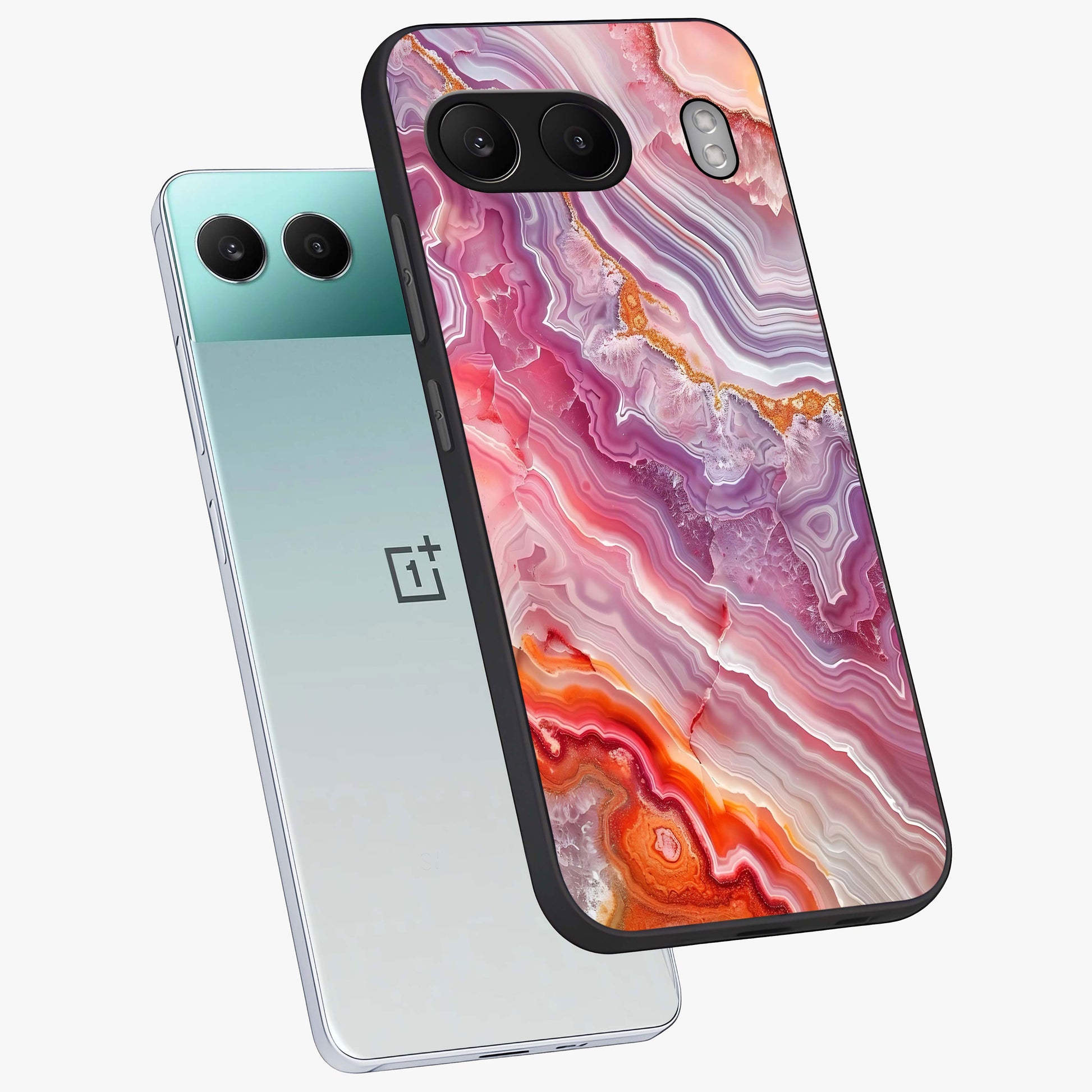 Rose Quartz Marble Glass Case for 1+Nord 4 angled mockup showcasing glossy finish and smooth quartz detailing