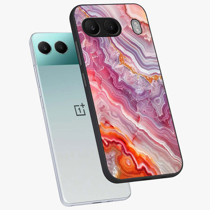 Rose Quartz Marble Glass Case for 1+Nord 4 angled mockup showcasing glossy finish and smooth quartz detailing