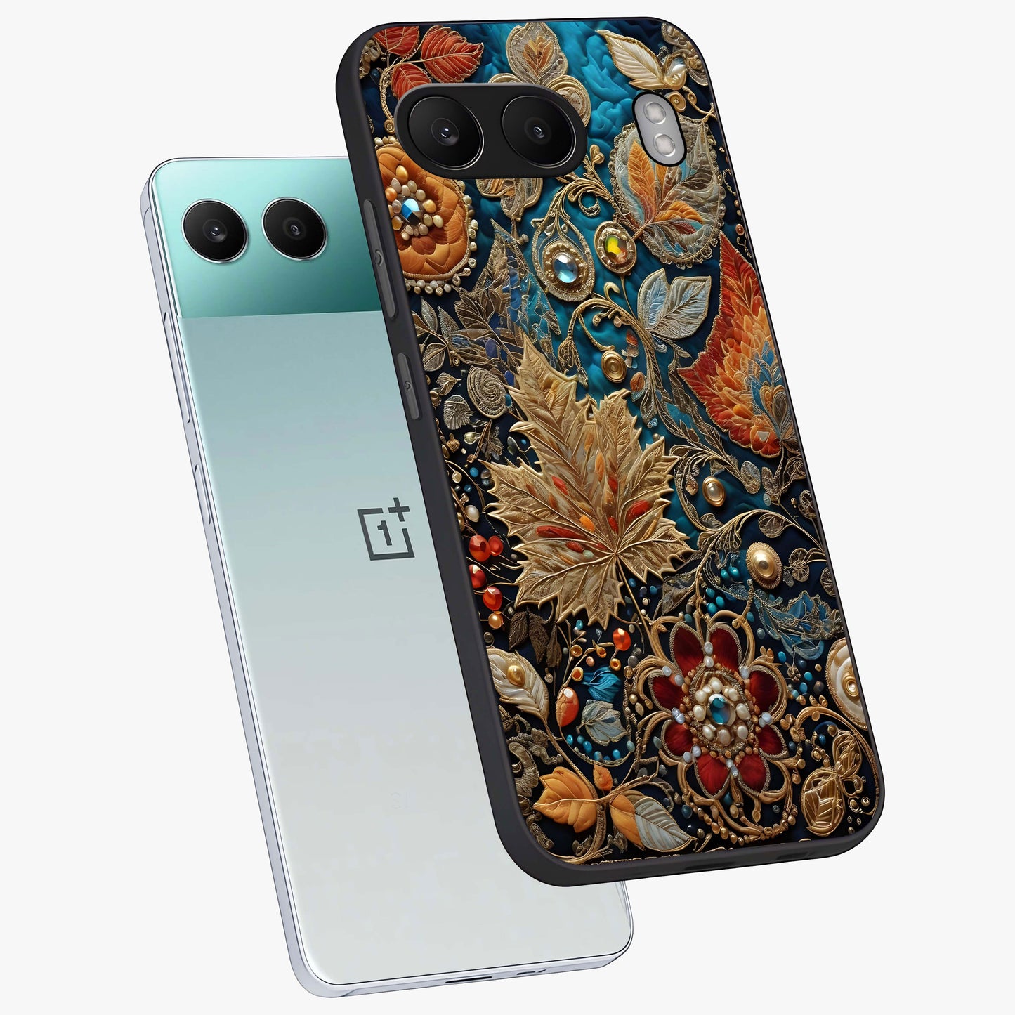 Royal Jewel Garden Glass Case for 1+Nord 4 angled mockup showcasing glossy finish and rich vibrant tones