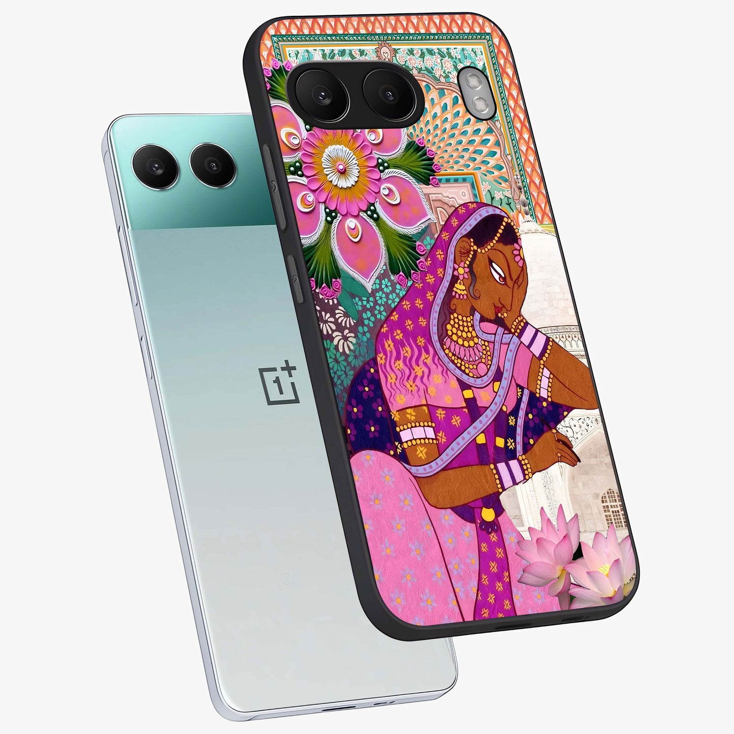 Royal Lotus Muse Glass Case for 1+Nord 4 angled mockup showcasing glossy finish and refined floral tones