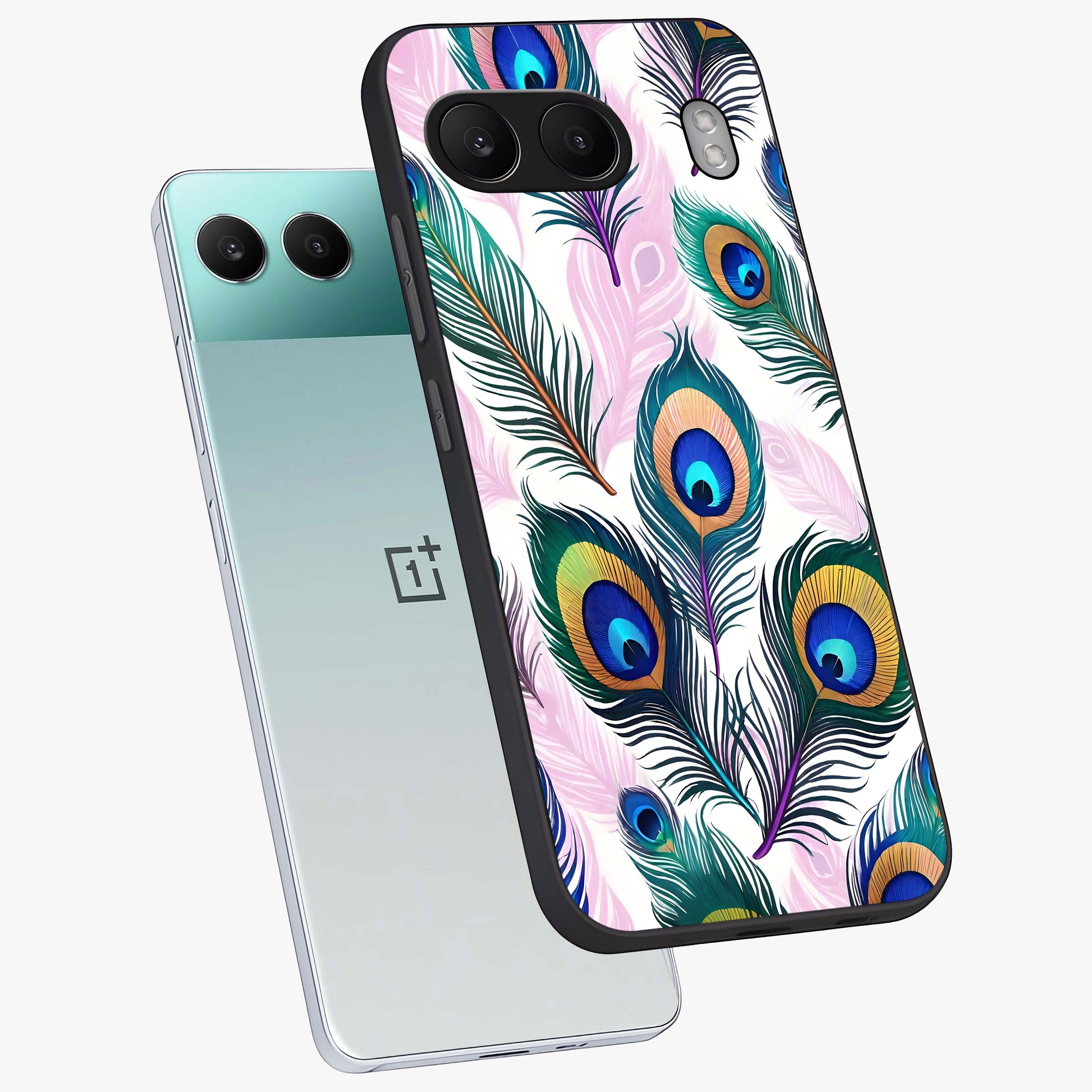Royal Peacock Feathers Glass Case for 1+Nord 4 angled mockup showcasing glossy finish and rich blue green tones