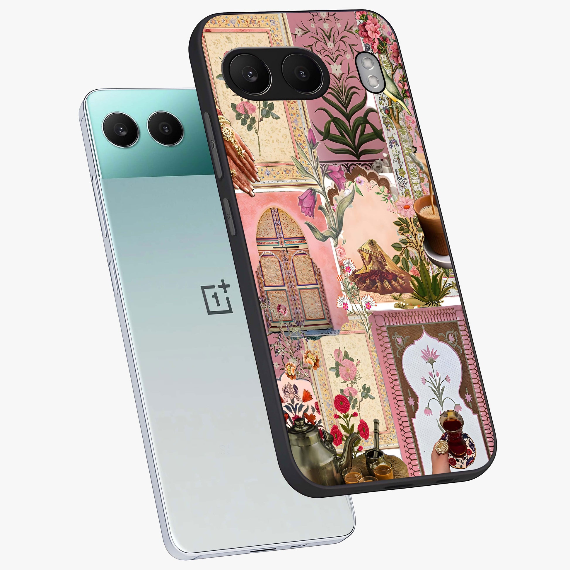 Royal Pink Legacy Glass Case for 1+Nord 4 angled mockup showcasing glossy finish and refined pastel tones