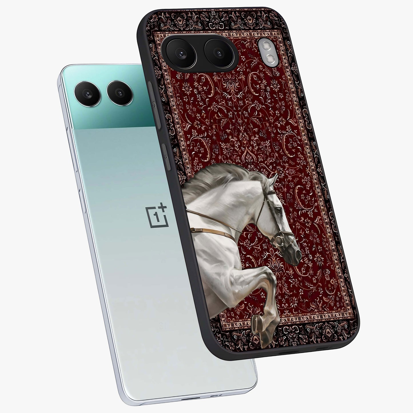 Royal Ride Rug Glass Case for 1+Nord 4 angled mockup showcasing glossy finish and rich ornamental tones