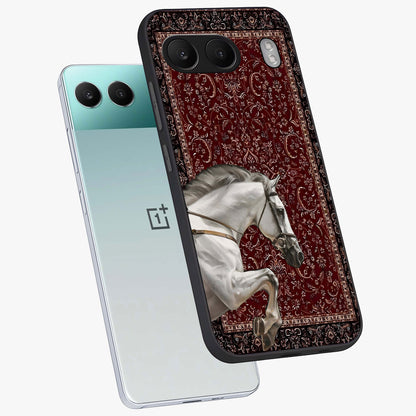 Royal Ride Rug Glass Case for 1+Nord 4 angled mockup showcasing glossy finish and rich ornamental tones