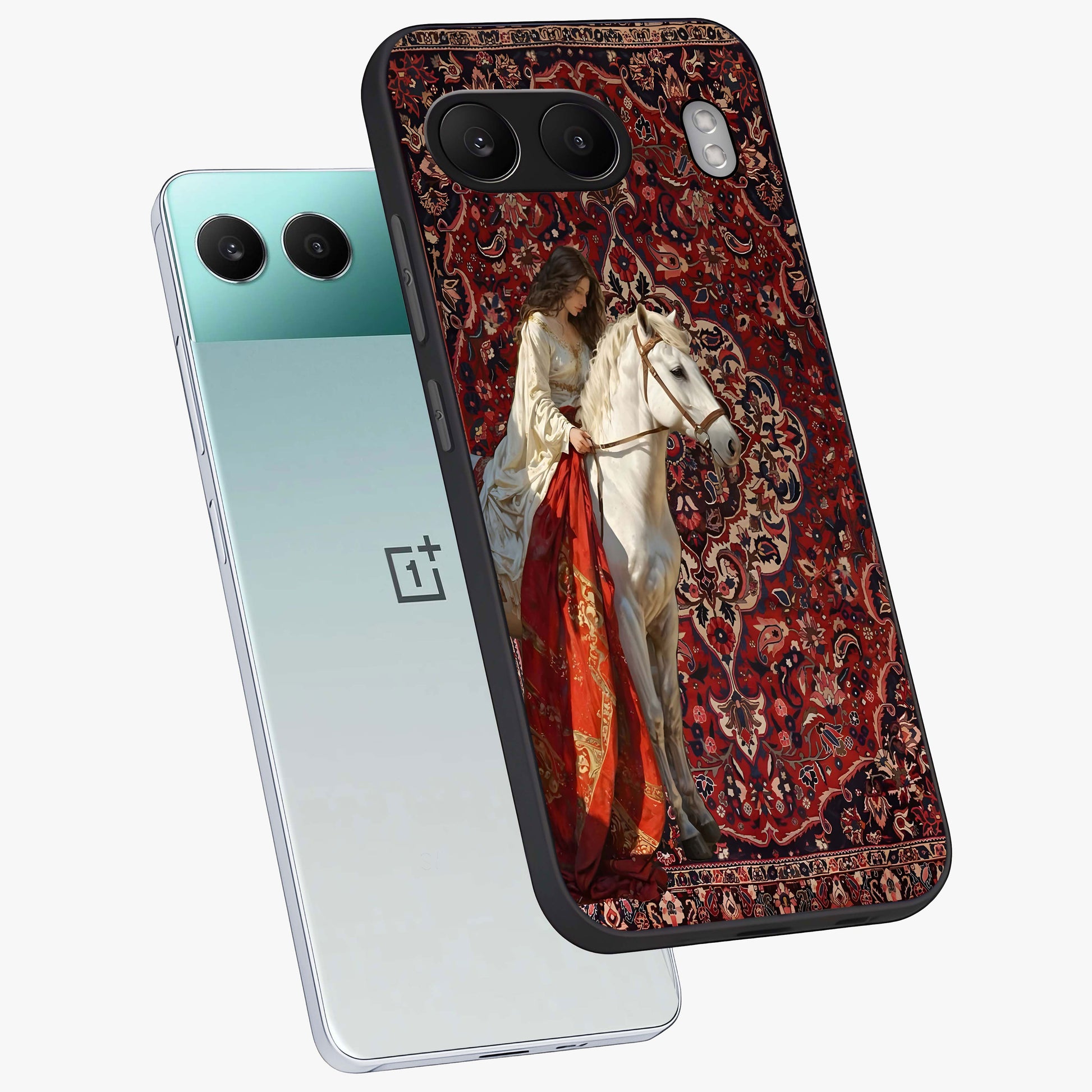 Royal Rider Tapestry Glass Case for 1+Nord 4 angled mockup showcasing glossy finish and heritage inspired detailing