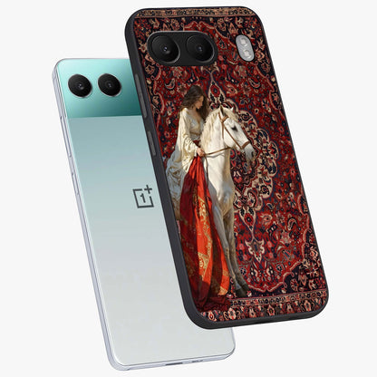 Royal Rider Tapestry Glass Case for 1+Nord 4 angled mockup showcasing glossy finish and heritage inspired detailing