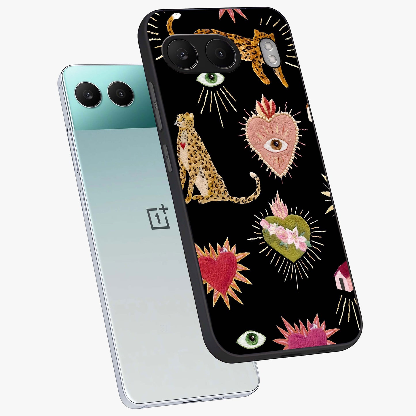 Sacred Jungle Heart Glass Case for 1+Nord 4 angled mockup showcasing glossy finish and rich green tones