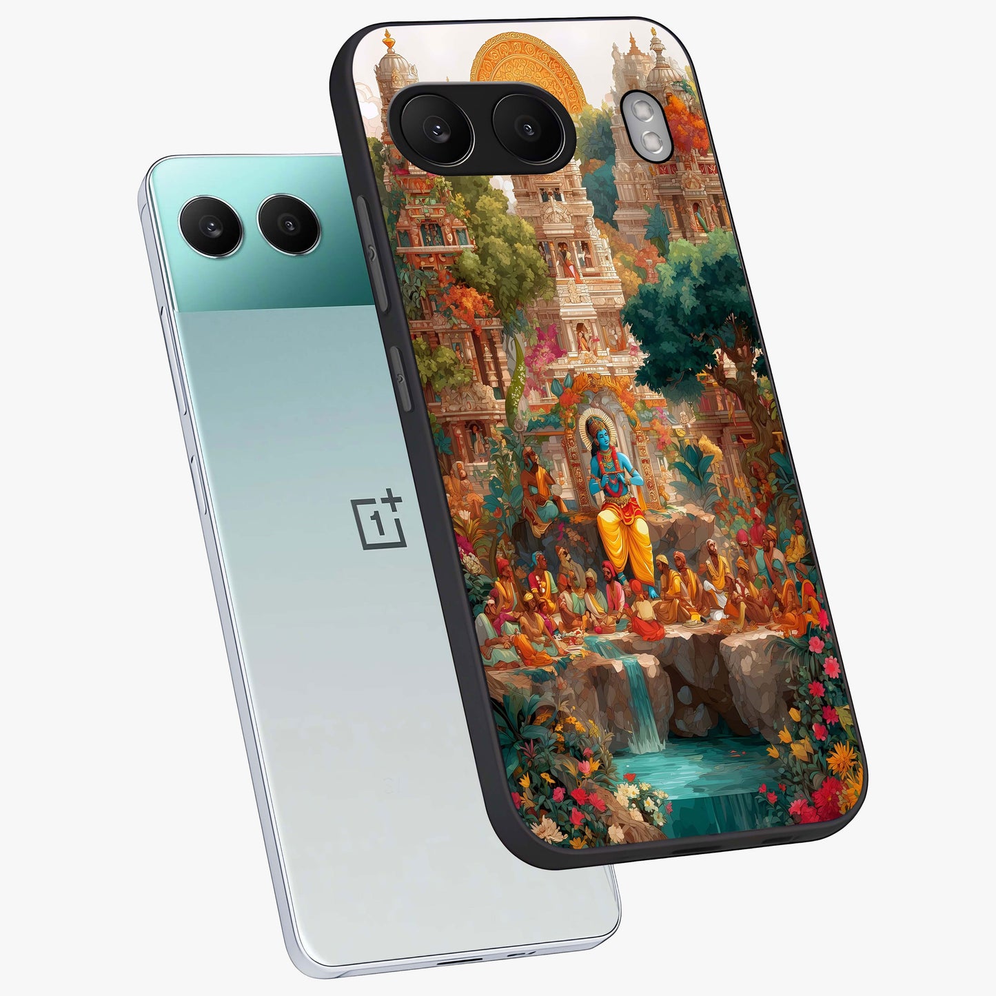 Sacred Sunlight Gods Glass Case for 1+Nord 4 angled mockup showcasing glossy finish and radiant warm tones