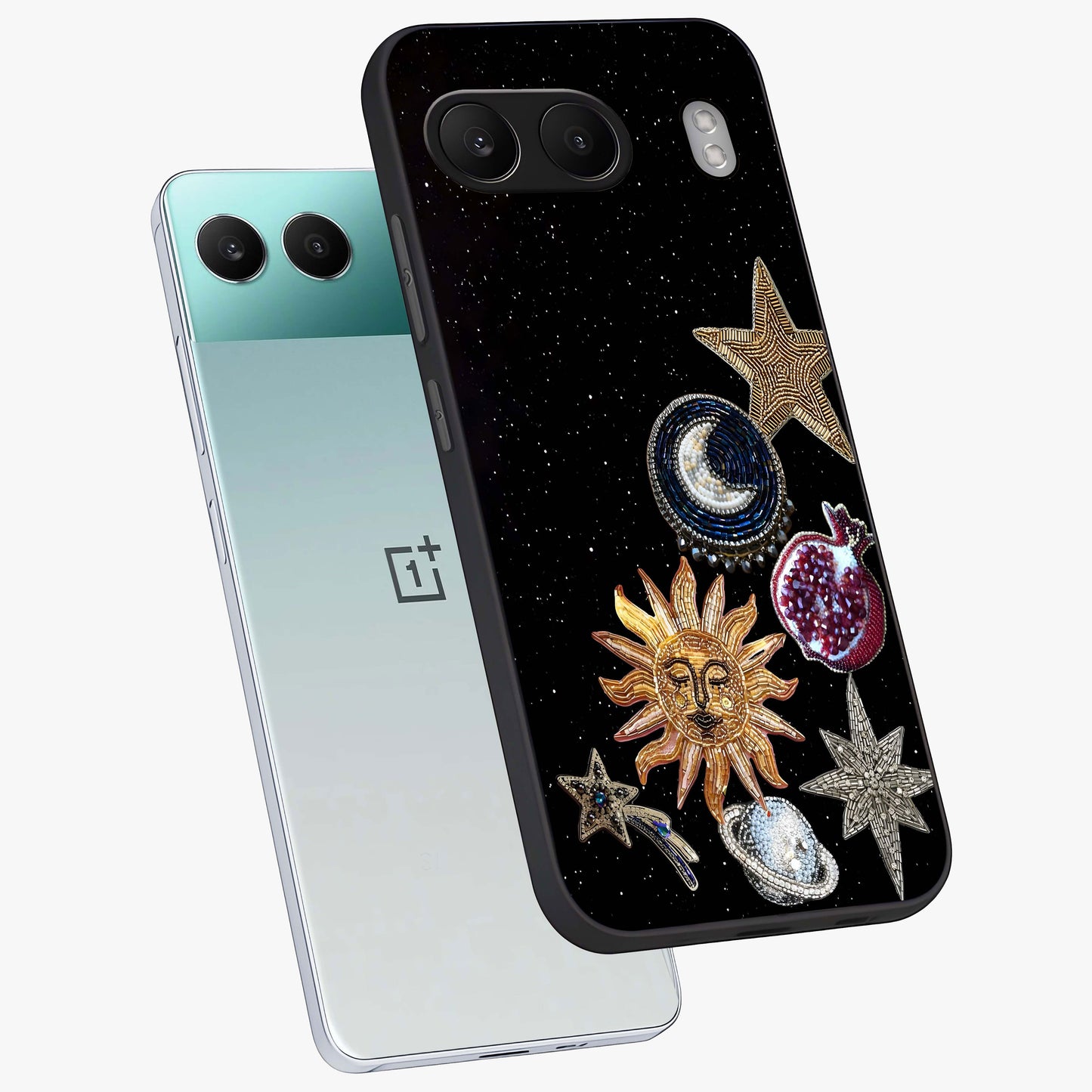 Scarlet Sky Flight Glass Case for 1+Nord 4 angled mockup showcasing glossy glass finish and vibrant sunset gradients