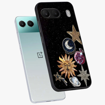 Scarlet Sky Flight Glass Case for 1+Nord 4 angled mockup showcasing glossy glass finish and vibrant sunset gradients