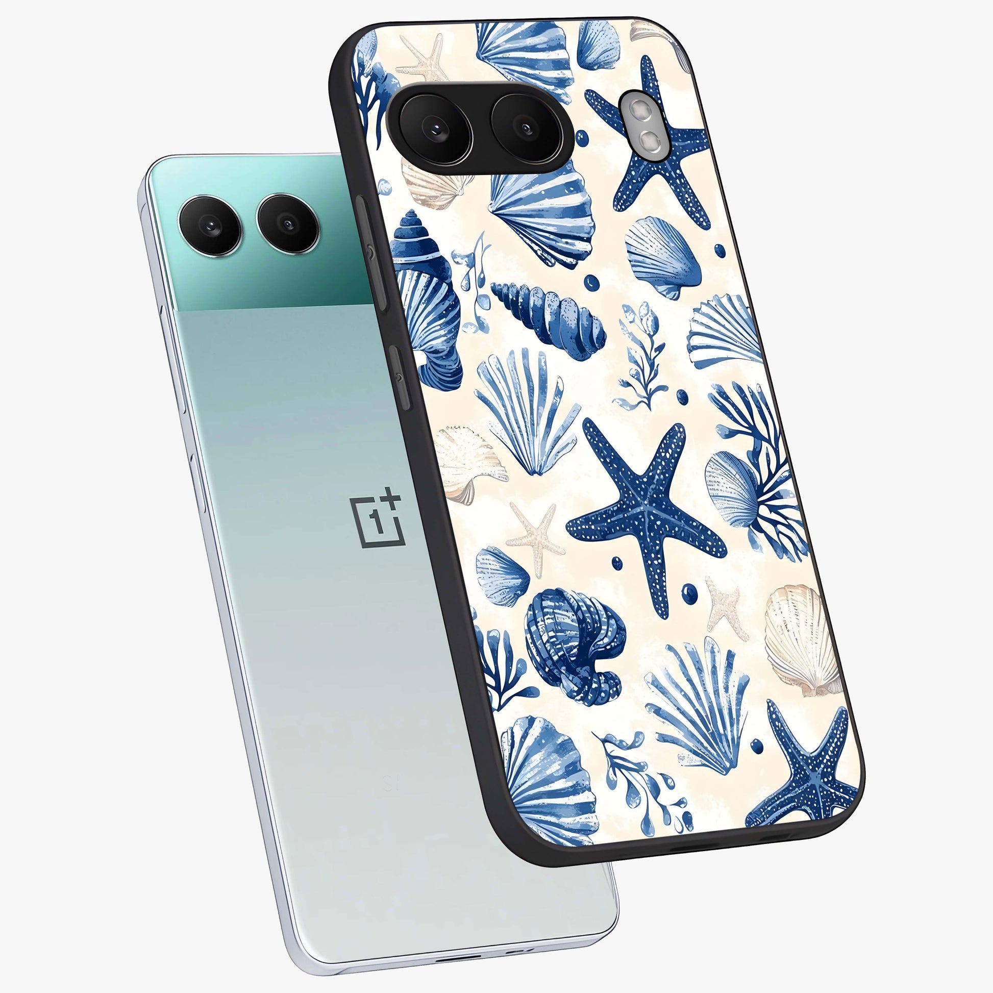 Seaside Starfish Magic Glass Case for 1+Nord 4 angled mockup showcasing glossy finish and coastal pastel detailing