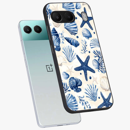 Seaside Starfish Magic Glass Case for 1+Nord 4 angled mockup showcasing glossy finish and coastal pastel detailing