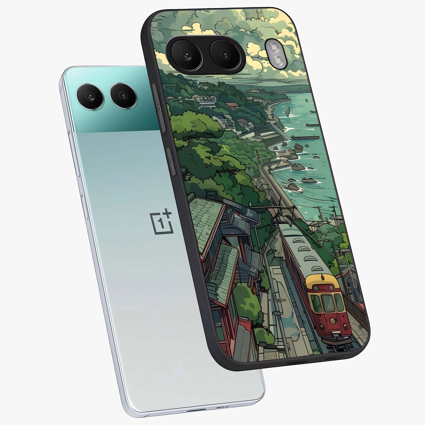 Seaside Train Ride Glass Case for 1+Nord 4 angled mockup showcasing glossy finish and calming ocean gradients