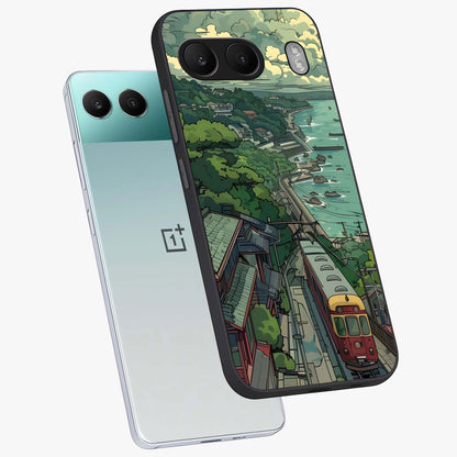 Seaside Train Ride Glass Case for 1+Nord 4 angled mockup showcasing glossy finish and calming ocean gradients
