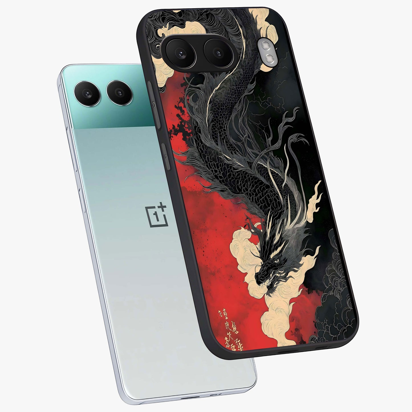 Shadow Dragon Fury Glass Case for 1+Nord 4 angled mockup showcasing glossy finish and powerful fantasy detailing