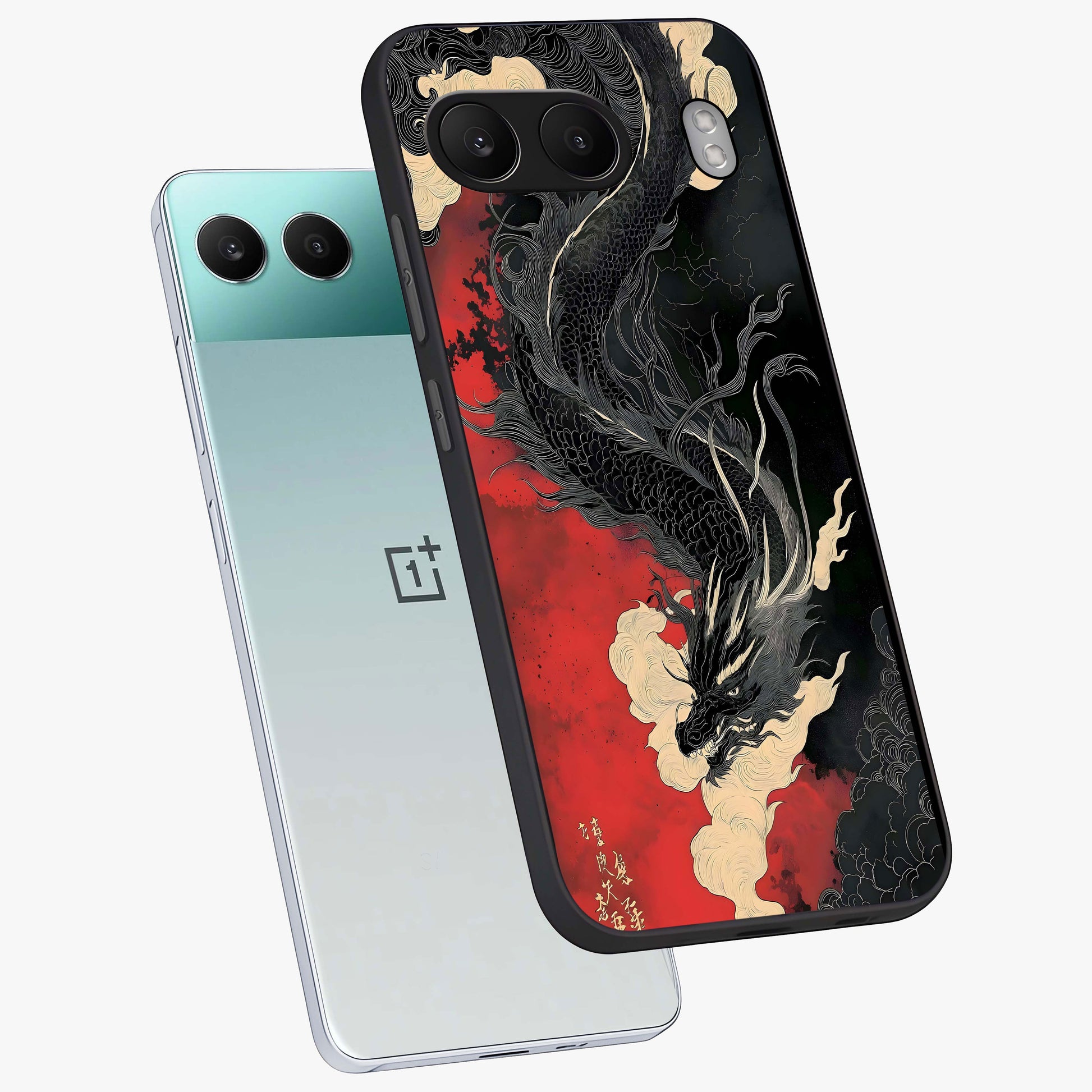 Shadow Dragon Fury Glass Case for 1+Nord 4 angled mockup showcasing glossy finish and powerful fantasy detailing