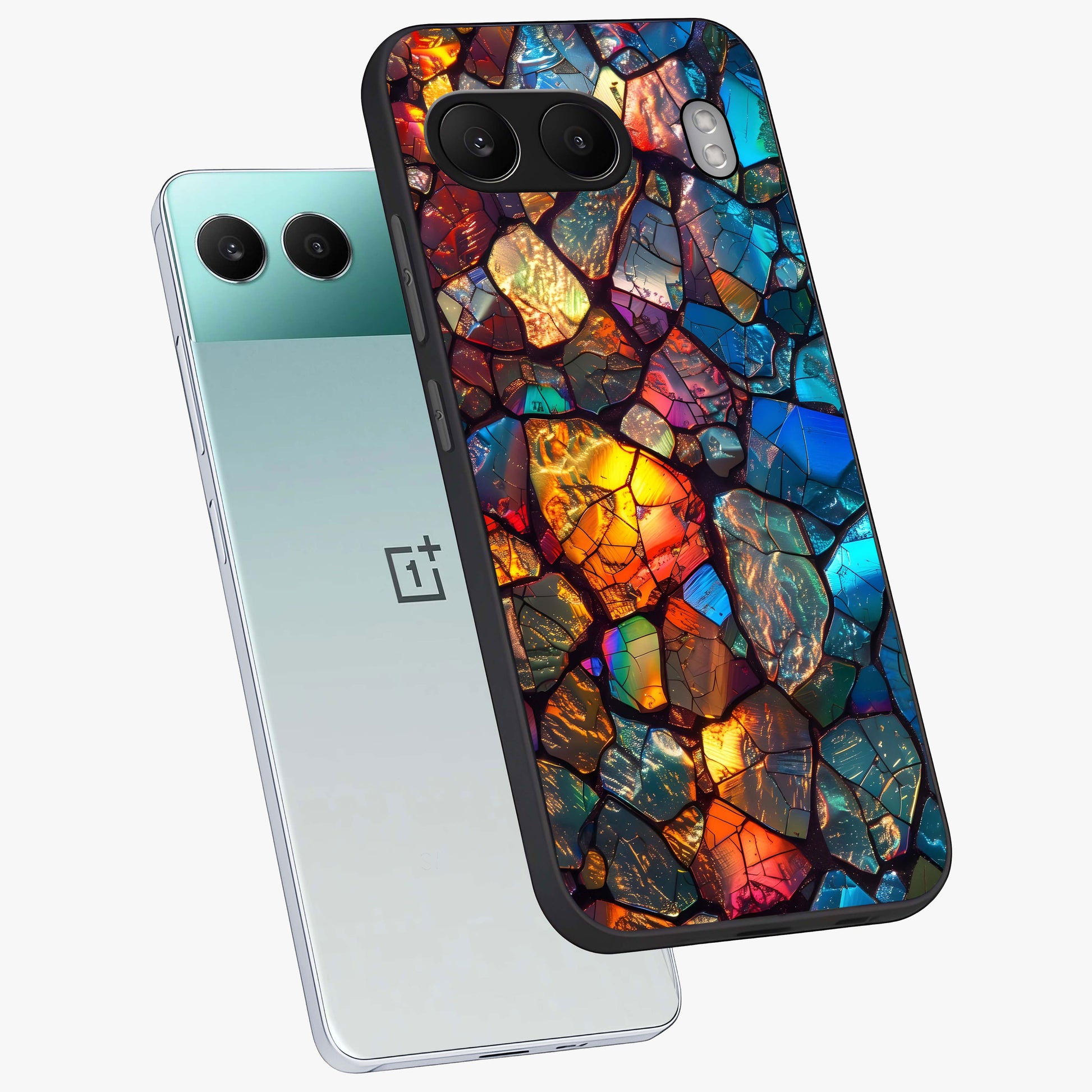 Shattered Light Glass Case for 1+Nord 4 angled mockup showcasing glossy finish and high contrast detailing