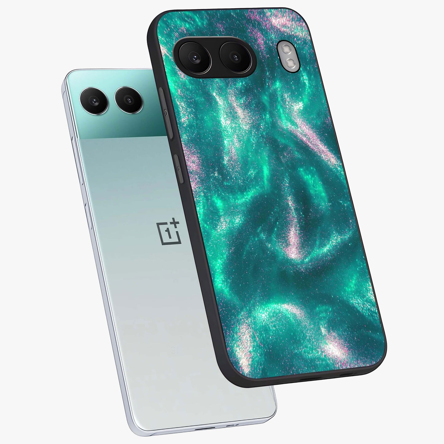 Shimmering Nebula Waves Glass Case for 1+Nord 4 angled mockup showcasing glossy finish and deep space gradients