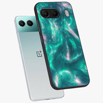 Shimmering Nebula Waves Glass Case for 1+Nord 4 angled mockup showcasing glossy finish and deep space gradients