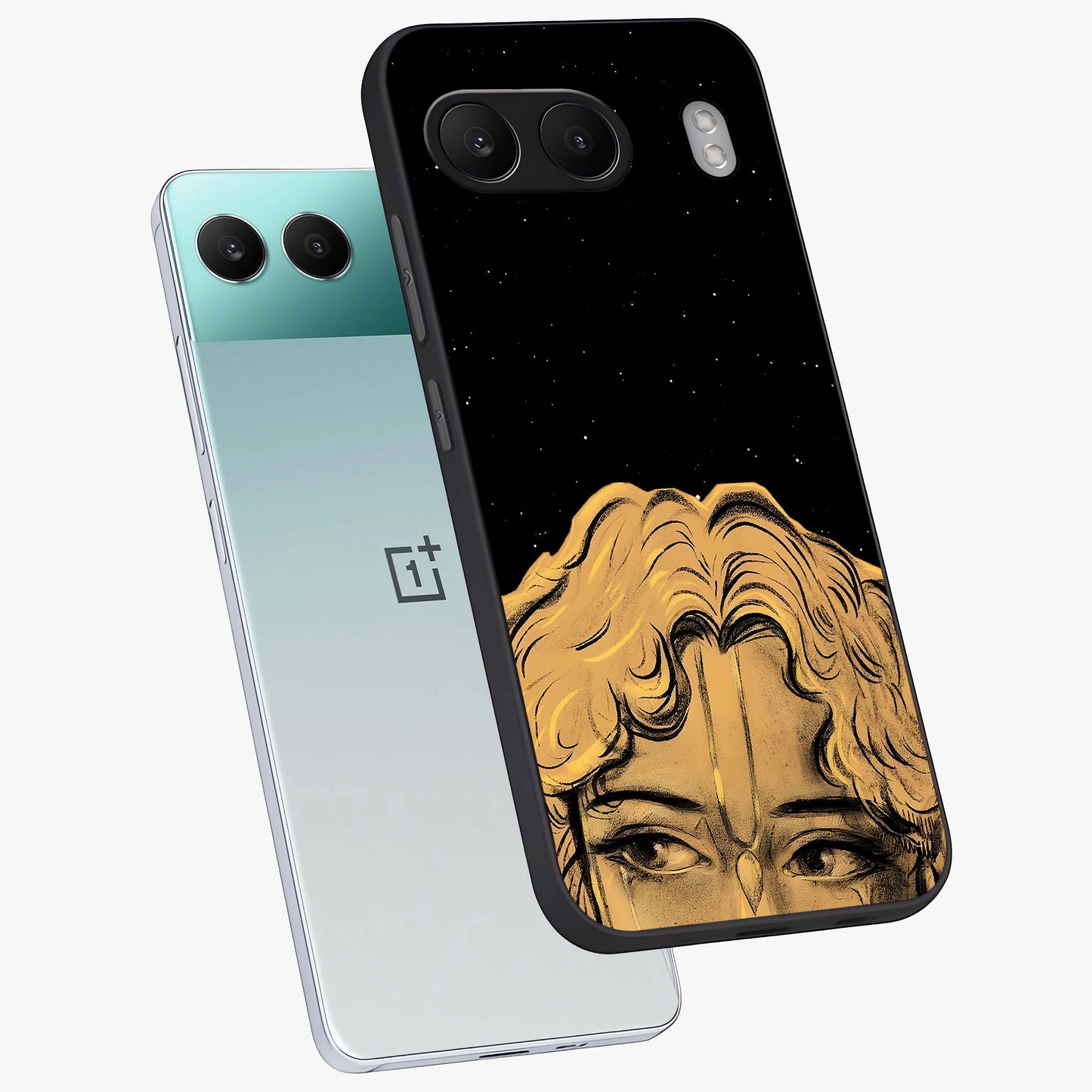 Shri Krishna Art Glass Case for 1+Nord 4 angled mockup showcasing glossy finish and vibrant spiritual tones