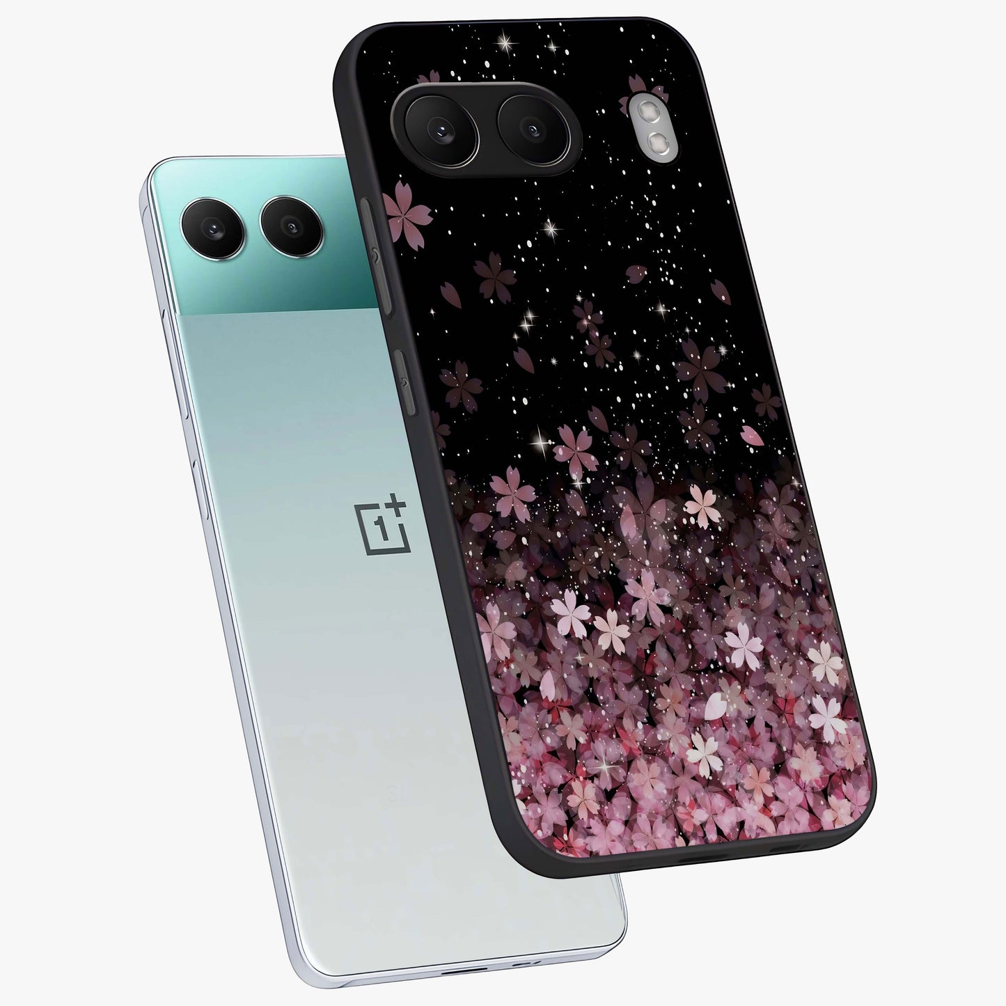 Small Starry Flowers Glass Case for 1+Nord 4 angled mockup showcasing glossy finish and soft pastel tones