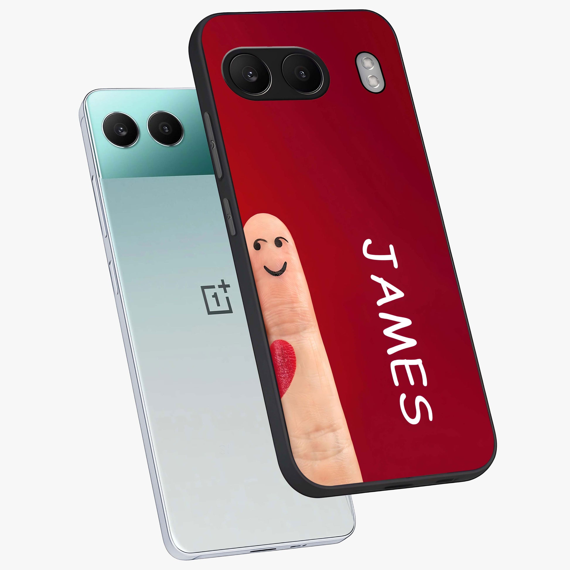 Smiling Heart Bond Glass Case for 1+Nord 4 angled mockup showcasing glossy finish and cheerful detailing
