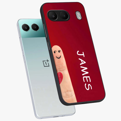 Smiling Heart Bond Glass Case for 1+Nord 4 angled mockup showcasing glossy finish and cheerful detailing