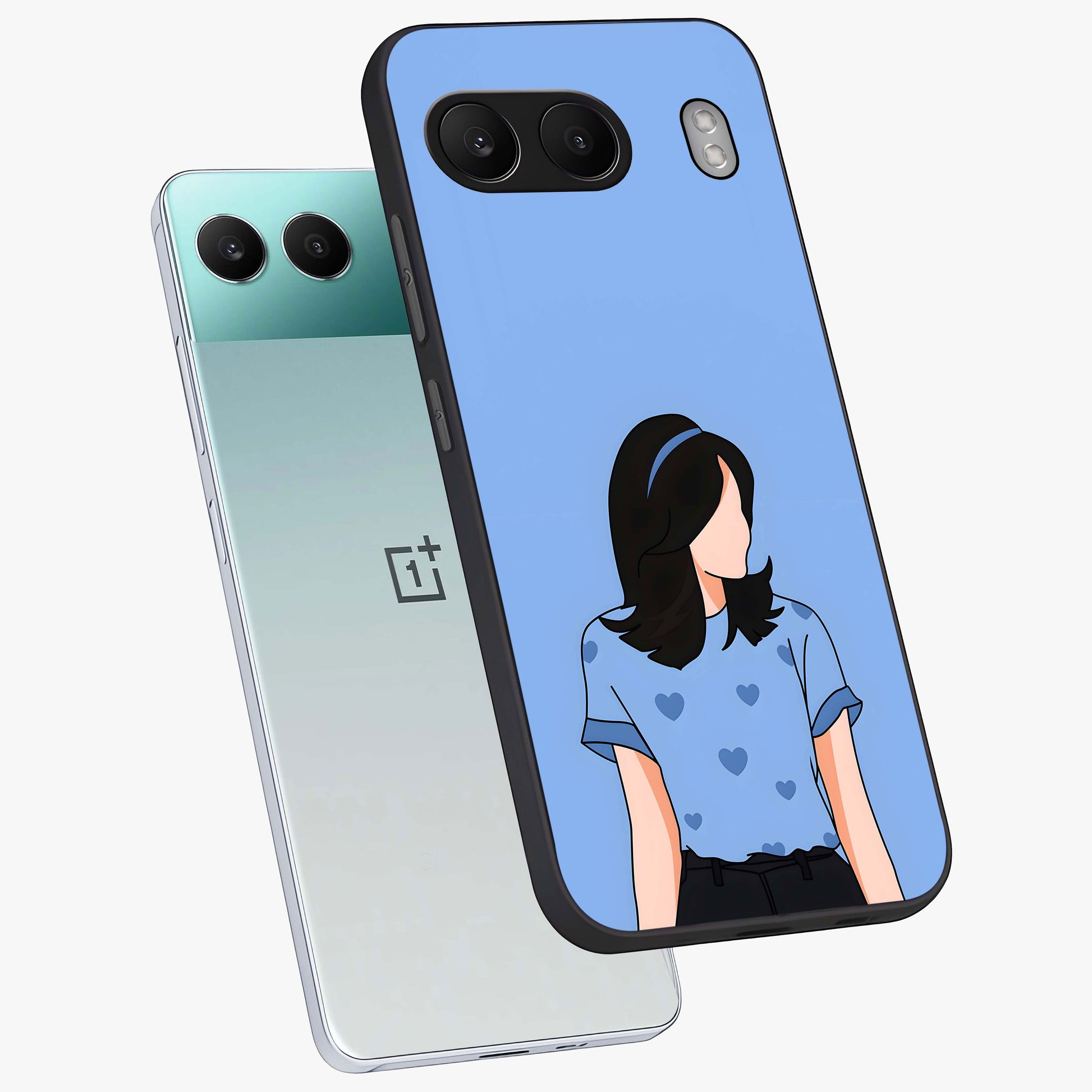 Soft Hearts Girl Glass Case for 1+Nord 4 angled mockup showcasing glossy finish and pastel romantic tones