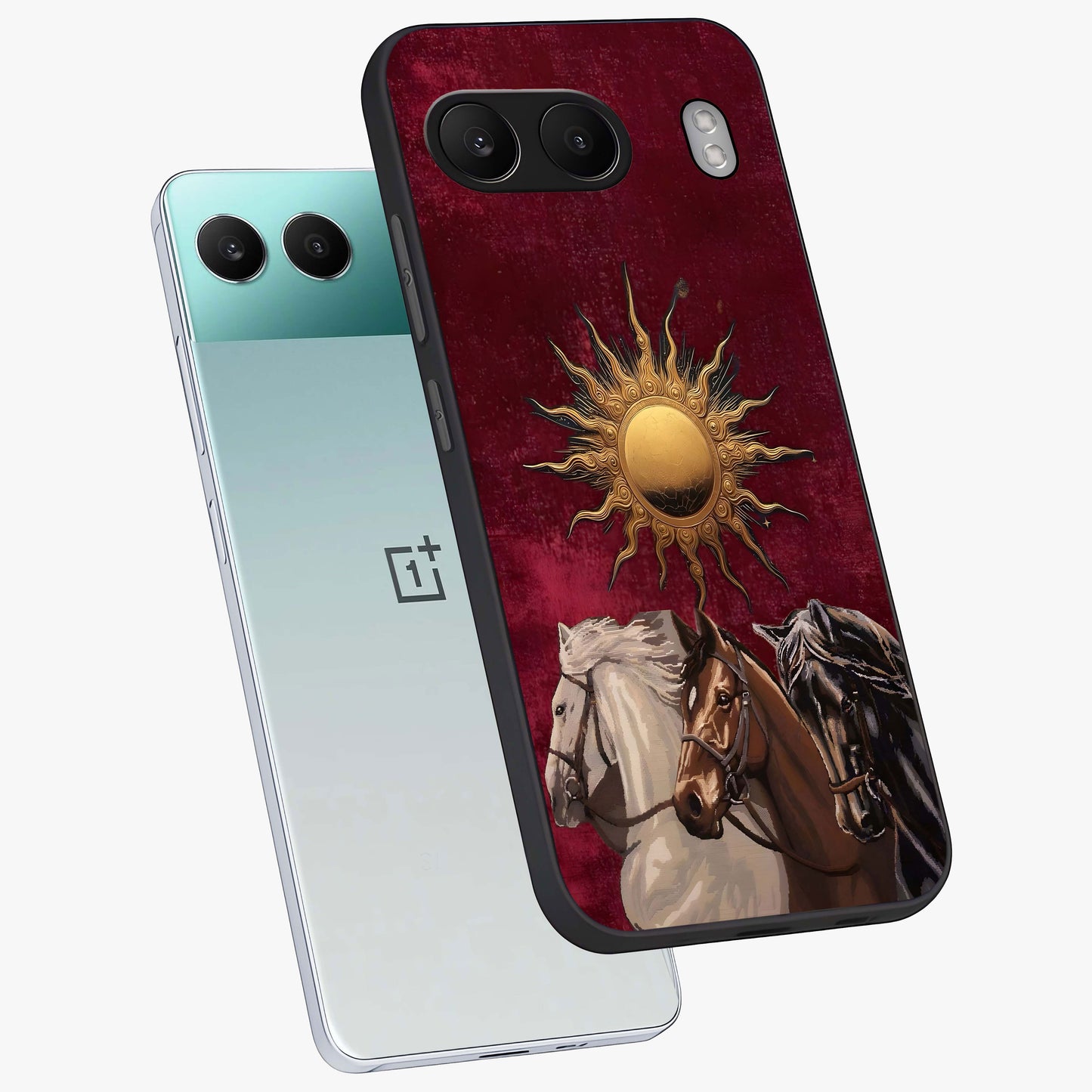 Solar Riders Glass Case for 1+Nord 4 angled mockup showcasing glossy finish and vibrant sunset gradients