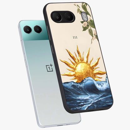 Solar Wave Bloom Glass Case for 1+Nord 4 angled mockup showcasing glossy finish and warm luminous tones
